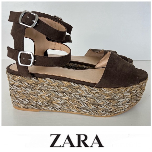ZARA Trafaluc Brown Suede Jute Raffia w Faux Leather Woven Platform Sandal Sz 39 - Picture 1 of 11